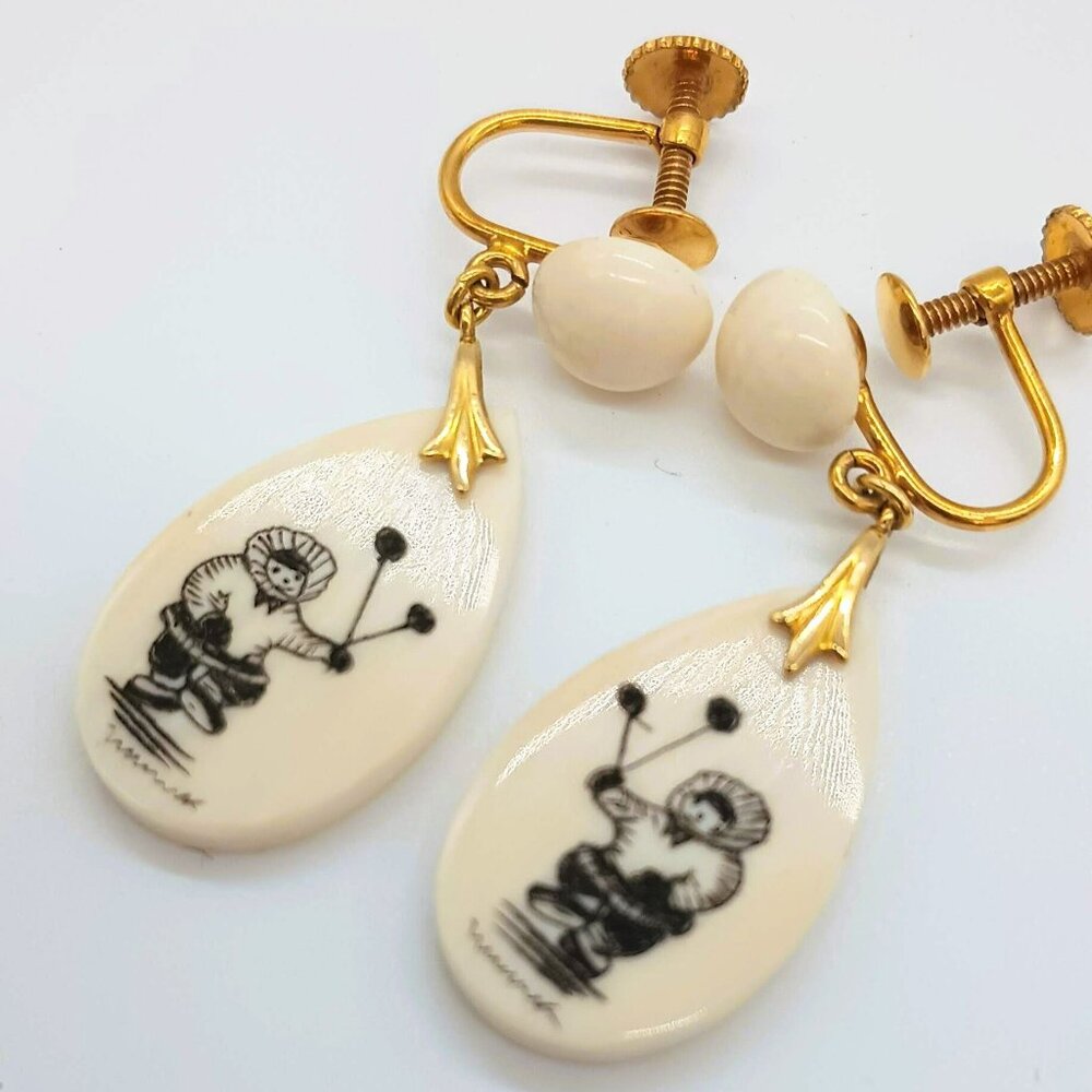 12K GF Alaska Eskimo Earrings Vintage Screw Back Teardrop Drop Dangle Jewelry